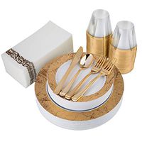 Gold Marble Rim Plastic Dinnerware (200-Piece) Plastic Plates, Plastic Cutlery, Cups and Guest Towels - Service for 25 Guests Elegant Place Setting for Wedding, Party, Baby Shower, Birthday, Holiday