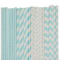 Light Blue Paper Straw Mix - Striped, Chevron, Polka Dots (25)