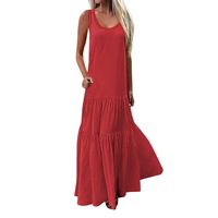 Sunhusing Women's Bohemian Casual Wind Long Maxi Dress Sleeveless Low Cut Ruffles Baggy Floor-Length Dress Red