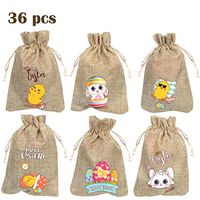 DIYASY 36 Pcs Easter Burlap Goody Bags,Egg Bunny Chick Treat Drawstring Linen Bags for Easter Party Favor.