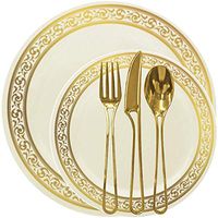 Tiger Chef Plastic Dinnerware 300 Piece Set Service For 60 Guests Includes 60 10.75-inch Dinner Plates 60 7-inch Salad Plates 6 Cutlery Sets Forks, Spoons, And Knives Disposable BPA Free