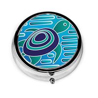 Turtle Mola in Native Kuna Style. Round Pill Box Three-Compartment Metal Medicine Cases Mini Organizer