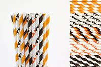 Orange and Black Halloween Paper Straws Mix - Stripes and Pennants (25)