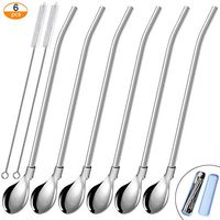 Pinowu Reusable Spoon Drink Straws Value Pack 6pcs with 2 Clean Brush - Metal Drinking Straw Spoon 7.5” Long for 20oz 30oz Tumblers Cups Mugs Rumblers Cold Beverage (6 Spoon Straws + 2 Brushes + Box)
