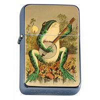 Frog Playing Guitar Flip Top Oil Lighter A1 Smoking Cigarette Smoker Includes Silver Case