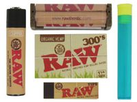 Bundle - 5 Items - RAW Organic 1 1/4 300's, 79mm Roller, Raw Tips, Raw Lighter and RPD Kewltube