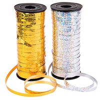 2 Pcs Crimped Curling Ribbon 5mm Width Metallic Balloon Ribbon String Craft Ribbon for Party Festival Gift Wrapping Florist 100 Yards Each(Silver&Gold)