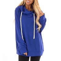 2019 Women's Short Sweatshirt Solid Color Button up Neck Long Sleeves Drawstring Hoodie Blue