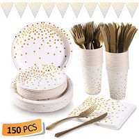 White and Gold Party Supplies 150Pcs Golden Dot Disposable Party Dinnerware Includes Paper Plates, Napkins, Knives, Forks, 12oz Cups, Banner, for Bridal Shower, Engagement, Wedding, Serves 25