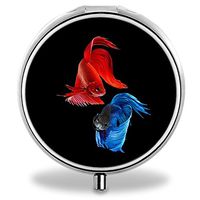 Compact 3 Compartment Medicine Case, IMLONE Customized Red Fish and Blue Fish Pill Organizer Metal Pill Box Pill Container for Purse, Travelling and Daily Needs