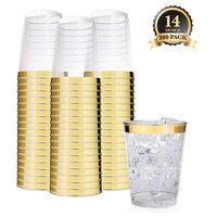 Clear Plastic Disposable Party Cups (100 Count) 14 Oz Gold Rim Cups - Fancy Reusable Plastic Tumblers, Gold, 14 Ounce