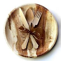Palm leaf plates 10” round plate 25 Pc and wooden cutlery Elegant 90 Pc party plates - composable - disposable - Biodegradable - Eco friendly By Elegant Table Ware (25 pc round + 90 pc)