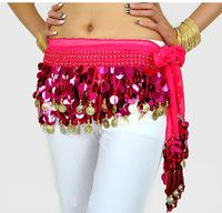 Big Saving Belly Dance Hip Scarf , Gold Coins Wave & Deluxe V-hape --Pink Rose
