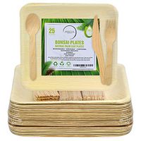 Compostable Palm Leaf Plates and Utensils Set (100 Total Pieces) 25 Square 10 x 10 Inch Biodegradable Palm Plates, 25 Forks, 25 Spoons, 25 Knives - Eco-Friendly Plates and Sustainable Dinnerware