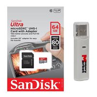 SanDisk Ultra 64GB UHS-I Class 10 MicroSDXC Memory Card Up to 80mb/s SDSQUNC-064G with Adapter and USB 2.0 MemoryMarket dual slot MicroSD & SD Memory Card Reader