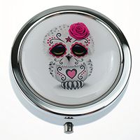 MaXing Cute Pink Day of The Dead Sugar Skull Owl White Custom Personalized Silver Round Pill Case Box Decorative Metal Medicine Container Case