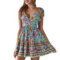 Womens Boho Spaghetti Strap Floral Print Dress V Neck Backless Mini Dresses Summer Sundress for Holiday (Green, M)