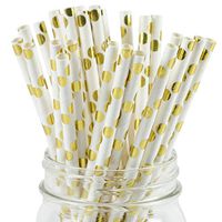 Paper Straws Gold Foil Polka Dot Pattern - Eco Friendly Wedding Straws - Dozens of Designs & Perfect For Any Party! Frozen Dessert Supplies - 100 Count