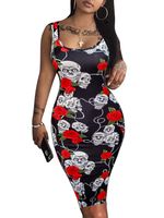 LAGSHIAN Women's Sexy Bodycon Tank Dress Sleeveless Basic Midi Club Dresses Skull