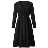 Women Dress,DEATU Women's V Neck Button Solid Dress Long Sleeve Beach Long Dress with Pockets(Black,Size S)