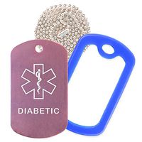 Diabetic Medical Alert ID Necklace with Pink Tag, Blue Silencer, and 30'' USA Chain - 154 Color Choices