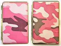 Eclipse Gold Frame Pink Camouflage Design Crushproof Leather Wrapped Metal Cigarette Case, 100s, 3101G14CPink-1