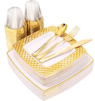 NERVURE 150 PCS Gold Square Plates with Disposable Plastic Silverware, Elegant Tableware Set Includes 25  9.5'' Dinner Plates+25 7.6'' Dessert Plates+25 Forks+25 Spoons+25 Knives +25 9oz Cups in Gold