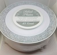 Premium Reusable Heavyweight Plastic Salad Plates, 7.5" 48Count, Metallic Lace, Silver