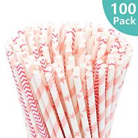Biodegradable Paper Straws - 100 PCS Striped/Wave/Heart/Star Pink Drinking Straws for Juice, Shakes, Smoothies, Great for Christmas Birthday Wedding Baby Shower New Year Celebrations & Party Supplie