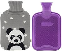 Premium Classic Rubber Hot Water Bottle and Cute Animal Embroidery Knit Cover (Panda/Gray)