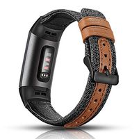 Aottom Compatible for Fitbit Charge 3 Band Women Men Canvas Fabric Leather Band Smart Watch Replacement Band Bracelet Wristbands for Fitbit Charge 3 / Charge 3 SE Fitness Tracker Accessories, Black