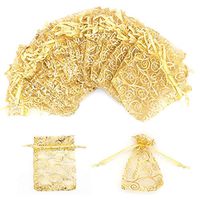 100Pcs Gold Organza Bags 3x4 Inches Rattan Printed Organza Gift Bags Mesh Favor Bags Drawstring Jewelry Gift Pouches for Wedding Party Favors Baby Shower Christmas Gifts Candy Bags