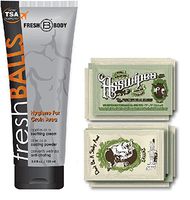 Fresh Balls and ASSWIPES to Go Single Packets! with 15 Flushable Individually Wrapped Cleansing Hygiene Wipes with Vitamin E and Aloe Plus One Bottle of Fresh Balls Antiperspirant!