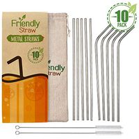 Friendly Straw 10 Pack 8.5" x .25" Reusable Metal Straws, 5 Straight 5 Elbow Stainless Steel Drinking Straws With Free Brushes and Pouch