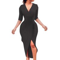 Women Dress Women's Sexy Deep V-Neck Bandage Bodycon Casual Long Sleeve Pleated Party Evening Slim Sheath Knee Length Skirt Ladies Spring Autumn Novelty Dress (XL, Black)