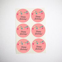 Pink Happy Birthday Bunting Stickers by Once Upon Supplies, Round Envelope Seals, Party Favor Labels, Cupcake Toppers, 1.5 Inches, 30 Stickers