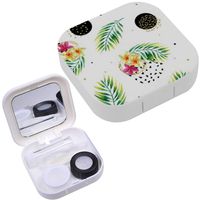 Portable Contact Lens Case Box Travel Kit Mirror + Bottle + Tweezers Container Holder [ Watercolor Exotic Flowers Leaves ]
