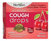 Herbion Naturals Cough Drops with Natural Cherry Flavor, 18 Drops, Oral Anesthetic - Relieves Cough, Throat, Bronchial Irritation, Soothes Sore Mouth, For Adults and Children
