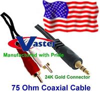 12 ft 3.5mm 24K Stereo to 24K Dual RCA Speaker (75Ohm) Coaxial Audio Cable