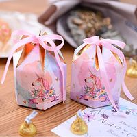 DEVILFACE Unicorn Party Favors Boxes, 50Pcs Hexagonal Petal Candy Boxes Wedding Birthday Party Favor Gift Box with Ribbon Decoration