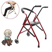 Folding Lightweight Aluminium Height Adjustable Walking Frame Old Man with Seat Pulley Folding Old Walker Disabled Slippery Four-Legged Walking Stick,for Elderly, Handicapped,Red