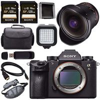 Sony ILCE9/B Alpha a9 Mirrorless Digital Camera ILCE9/B + Rokinon 12mm f/2.8 ED AS IF NCS UMC Fisheye Lens for E Mount 128GB SDXC Card + HDMI + Carrying Case + LED Light Bundle