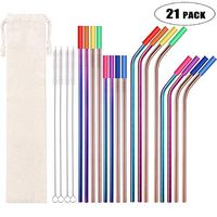Metal Straws Stainless Steel Straws 16 Pcs 10.5" 8.5" Reusable Drinking Straws for 20 24 30 Oz Yeti Tervis Tumblers with 16 Food Grade Silicone Tips 4 Cleaning Brush 1 Case(Color:Rainbow Rose Gold)