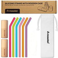 Reusable Collapsible Straws with Case: 6 Silicone Straws + 2 Wooden Cases + 4 Cleaning Brushes + 1 Carrying Pouch, Eco Friendly, Folding, Flexible, Portable Travel Drinking Straw (9 Inches)