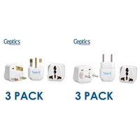 Ceptics UK, Hong Kong, Ireland, UAE Travel Plug Adapter (Type G) - 3 Pack [Grounded & Universal] (GP-7-3PK) & Europe Travel Plug Adapter (Type C) for Most European Countries - 3 Pack