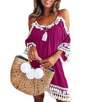 Kiyotoo Women's Crochet Chiffon Tassel Off Shoulder Swimsuit Beach Bikini Pom Pom Trim Swimwear Beach Cover Up Sundress Hot Pink