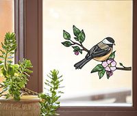 Bird - Chickadee with Apple Blossom - Stained Glass Style See-Through Vinyl Window Decal - Copyright 2015 Yadda-Yadda Design Co. (Size Choice) (MD 6"w x 4.75"h)