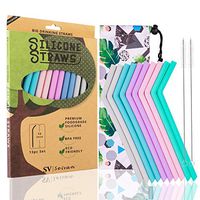 SEIVAN STRAWS Set of 10 Big Silicone Drinking Straws - Reusable Straws for Milkshake Smoothies Boba, Tumbler Straws for 20oz and 30oz Yeti, 1 DESIGNER Pouch, 10 Silicone Straws, 2 Straw Cleaning Brush