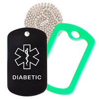 Diabetic Medical Alert ID Necklace with Black Tag, Green Silencer, and 30'' USA Chain - 154 Color Choices