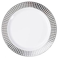 Tableclothsfactory 50 Pcs - White w/Silver 9" Hot Stamped Round Disposable Plastic Plate